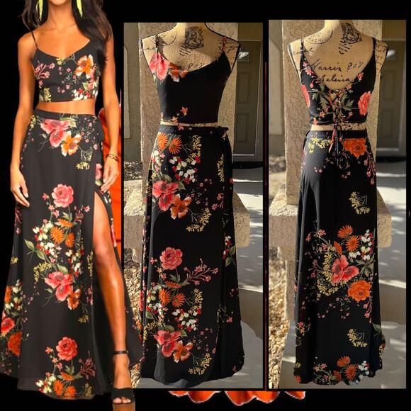 Lulus Bloom With a View Black Floral Print Two-Piece Maxi Dress Size XL - Picture 1 of 14